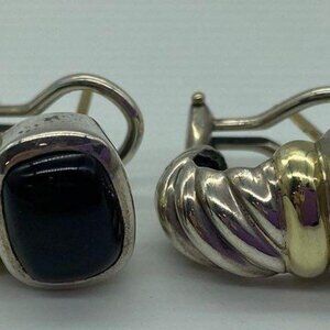 .925/14k Black Onyx 2-Tone Omega Back Earrings; 14K Post & Accent; 9.40 Grams